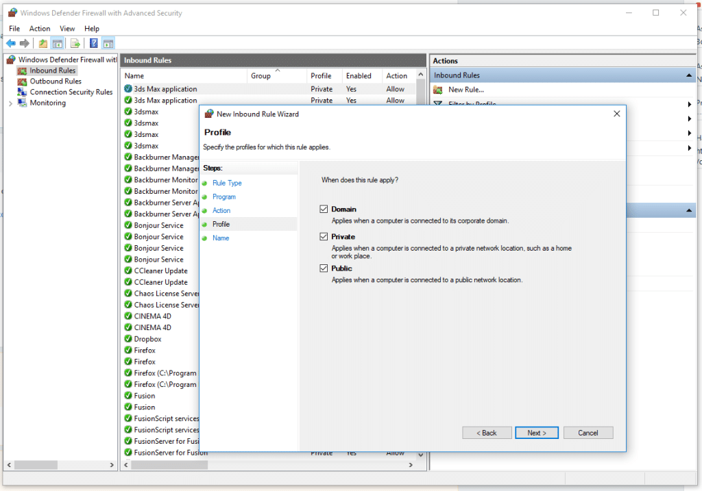 Apply the rule to Domain, Private, or Public profiles as needed